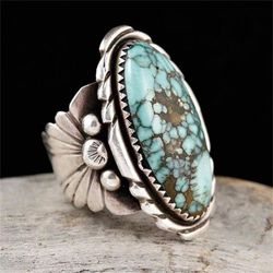 Vintage Natural Blue Turquoise Antique Silver Bohemian Ring - Size 8
