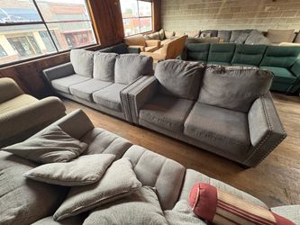 Gray Nailhead Sofa Set – Deep Seats, Firm Support, Modern Angled Arm Design (WE DELIVER)