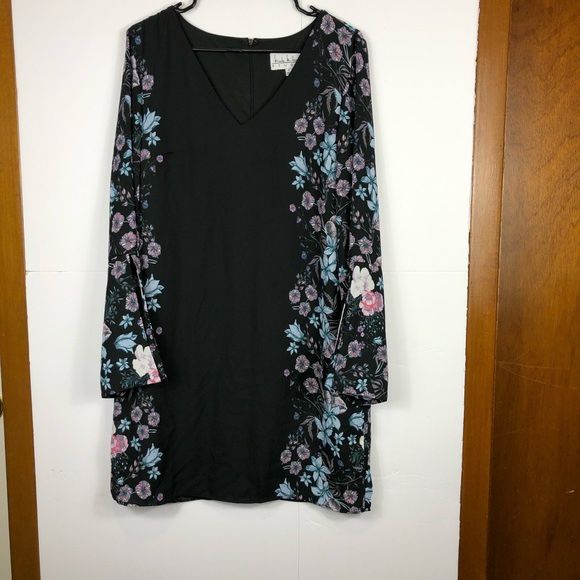 Nicole Miller Long Sleeve Black Floral Midi Dress Sz 8