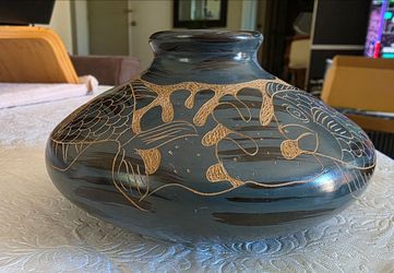 Vintage Hand Carved Pottery Vase Fish Turtle Motif Native Clay Art Vessel Bowl
