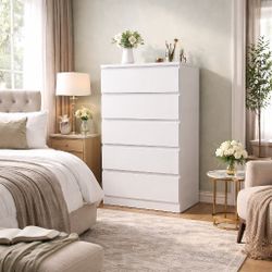 Drawer Dresser 5 Clothes Storage, Modern Dresser with Wide Drawers, Wide Wooden Chest Drawers for Living Room, Entryway, TV Stand