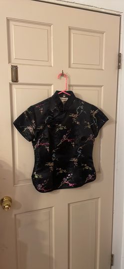 Vintage 1990s Chinese Oriental Black Satin Brocade Cherry Blossom Top Blouse Size: M 7/8. NEW! No Tags! MINT!