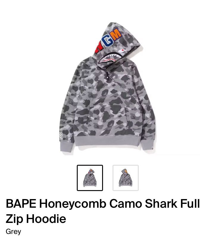 BAPE Honeycomb Camo Shark Full Zip Hoodie Grey