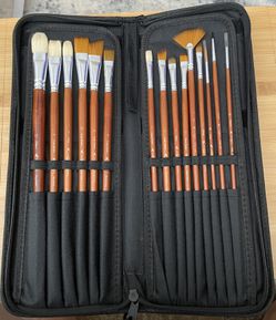 LeonArto Long Handle Oil Paintbrushes with Black Pop Up Case - Set of 15, Bristle Synthetic Hair