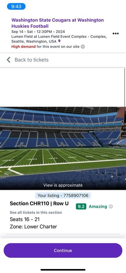 6 Apple Cup Tickets - Charter Seats - 40 Yard Line