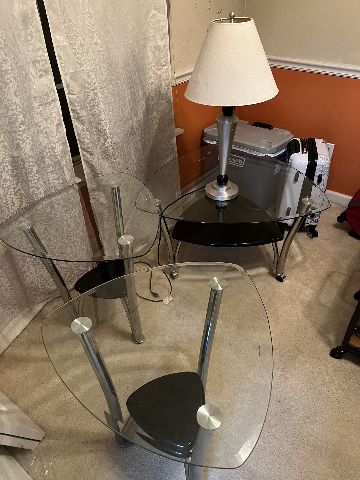 Glass Coffee Table, End Tables and Lamp