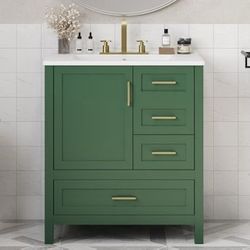 30-in Green Undermount Single Sink Bathroom Vanity with White Sink and Drawers