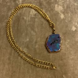 Purple, Green Titanium Crystal Pendant & Gold Chain Necklace 