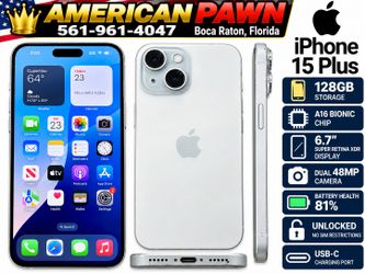 Apple iPhone 15 Plus 128GB White Unlocked MTXV3LL/A 81% Battery