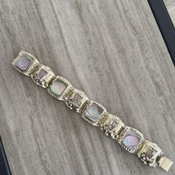 Vintage Mexican bracelet abalone Mayan Carved Faces