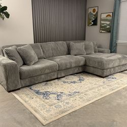 Gray Fluffy Corduroy Sectional Sofa, Delivery Available