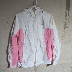 Columbia Women's Hooded Lined Windbreaker Jacket White Pink Zip Mid-Length