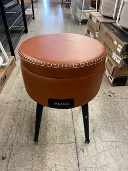 VASAGLE Storage Ottoman Leather Round Seat Vanity Stool w/ Steel Legs - Brown