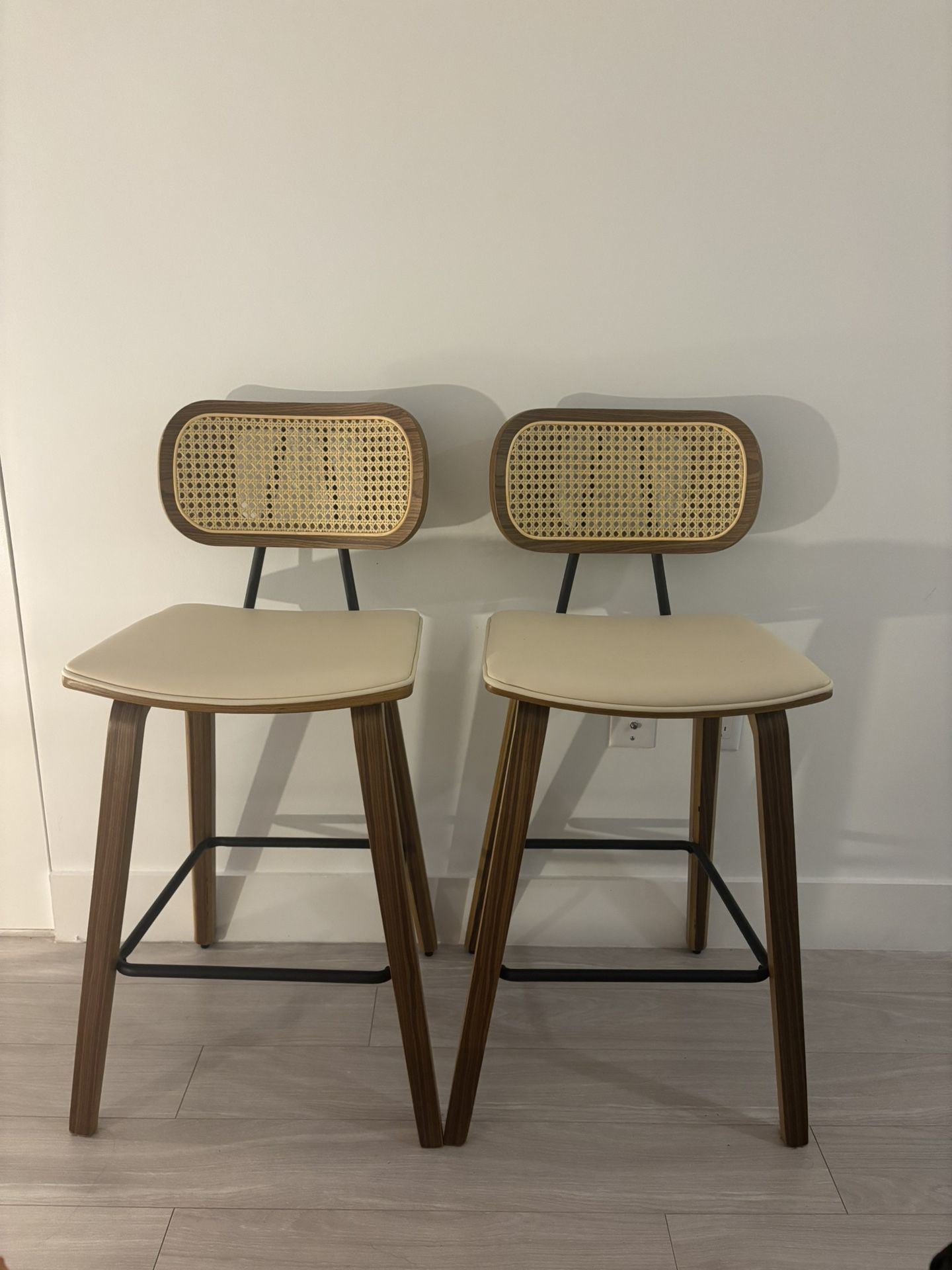 Two Upholstered Rattan Counter & Bar Stools