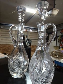 Pair of Cut Crystal Glass Decanters with Stoppers