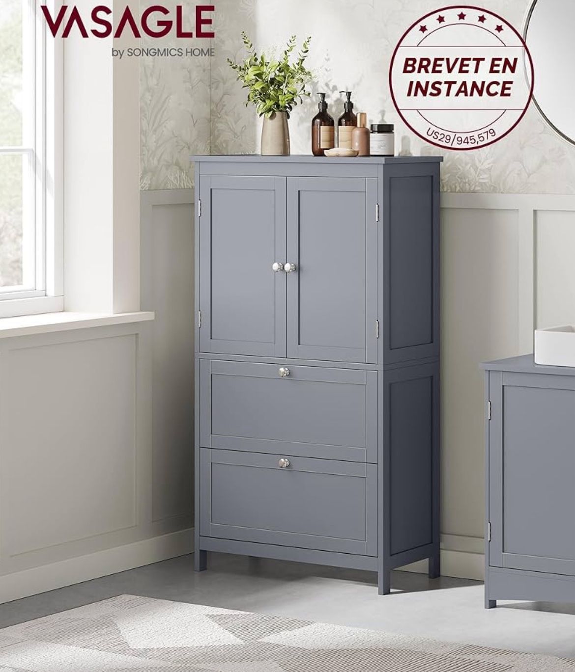 UBBC551G02 Meuble de rangement avec 2 tiroirs et 2 portes pour salle de bain, autonome, étagères réglables, 30 x 50 x 119 cm, gris colombe