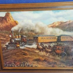 Vintage 1970s Wester Artist Jim Rozzi "At The Crossroads" Railroad Train Print. Rare Find!