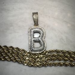 Diamond 10k “B” Pendant & 10k Rope Chain