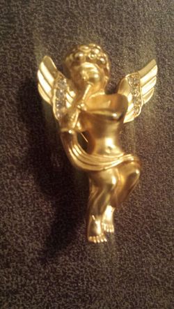 Vintage Cherub Brooch Gold Rhinestone Cupid Pin