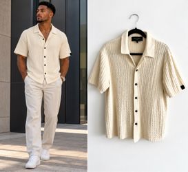 rag & bone Men’s Medium Cream Textured Knit Button-Up Shirt