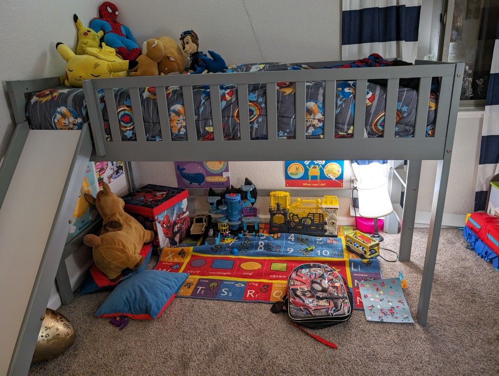 Kids Gray Loft Bed Frame With A Slide 