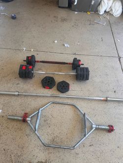 Home gym weights. Olympic bar, trap bar, curl bar
