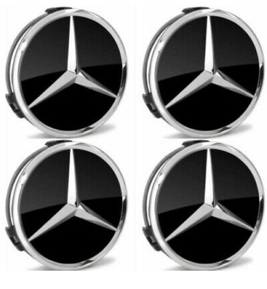 Mercedes Benz Black & Chrome 75MM Wheel Rim Center Hub Caps

