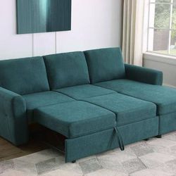 **SALE** *Sleeper Sectional with Storage Chaise in Beautiful Teal Fabric*