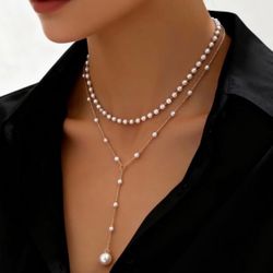 New Elegant Double Layer Pearl and Gold Y Necklace