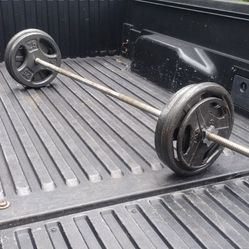 6 FOOT STANDARD BAR & 110 POUNDS OF STANDARD PLATES  (FOUR)  :  25s    &   ( PAIR OF)  :  5s 