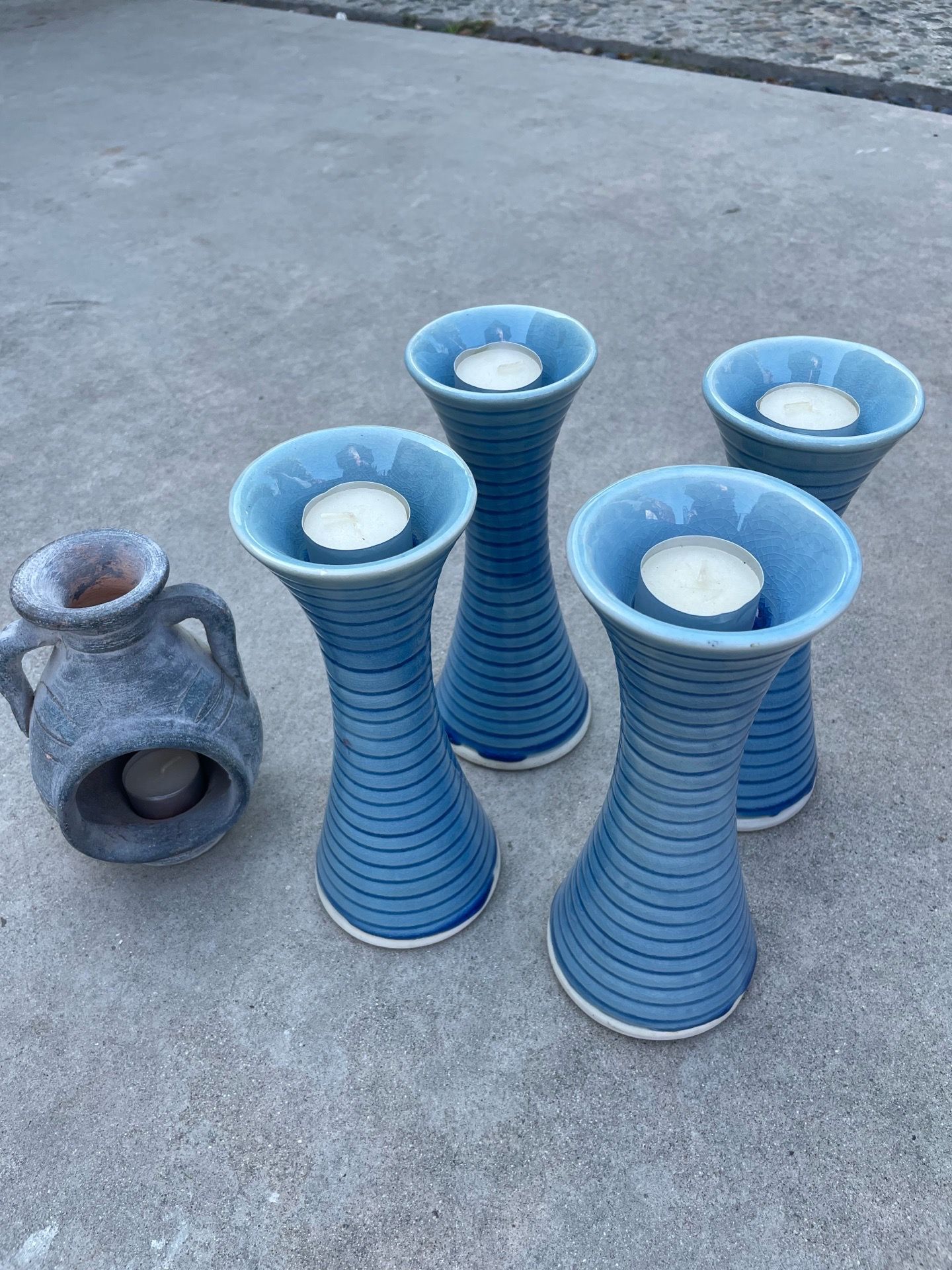 Price reduced- Blue Ceramic Candle Holder Set * Modern Scandinavian Candle Holders * Home Decor Candle Stand Set