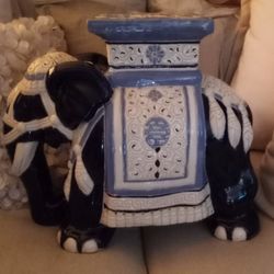 Gorgeous Vintage Ceramic Elephant Stool Side Table, Cobalt Blue and Cream Colors, Rare, 17x22