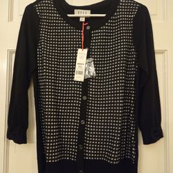 New Women's Size Small Button Up Bow Cuff Cardigan Sweater 3/4 Sleeves Black & White by ELLE