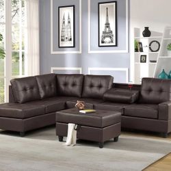 Heights Espresso Faux Leather Reversible Sectional with Storage Ottoman