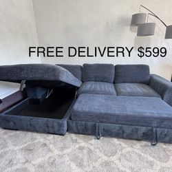 FREE DELIVERY -Bob’s Playground Navy 116'' 2 Piece Sleeper Sectional with Storage Ottoman!