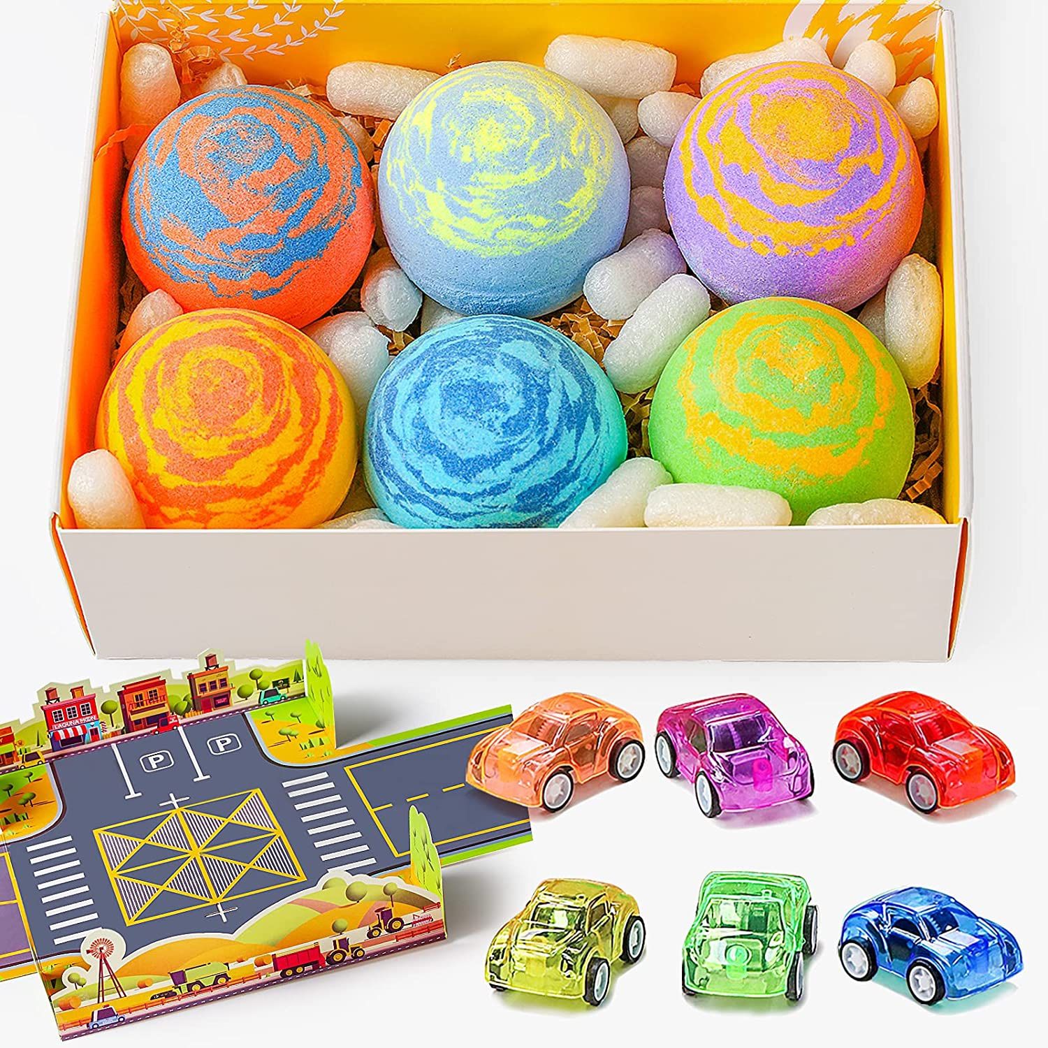 Set of six giant bath bombs with toys inside