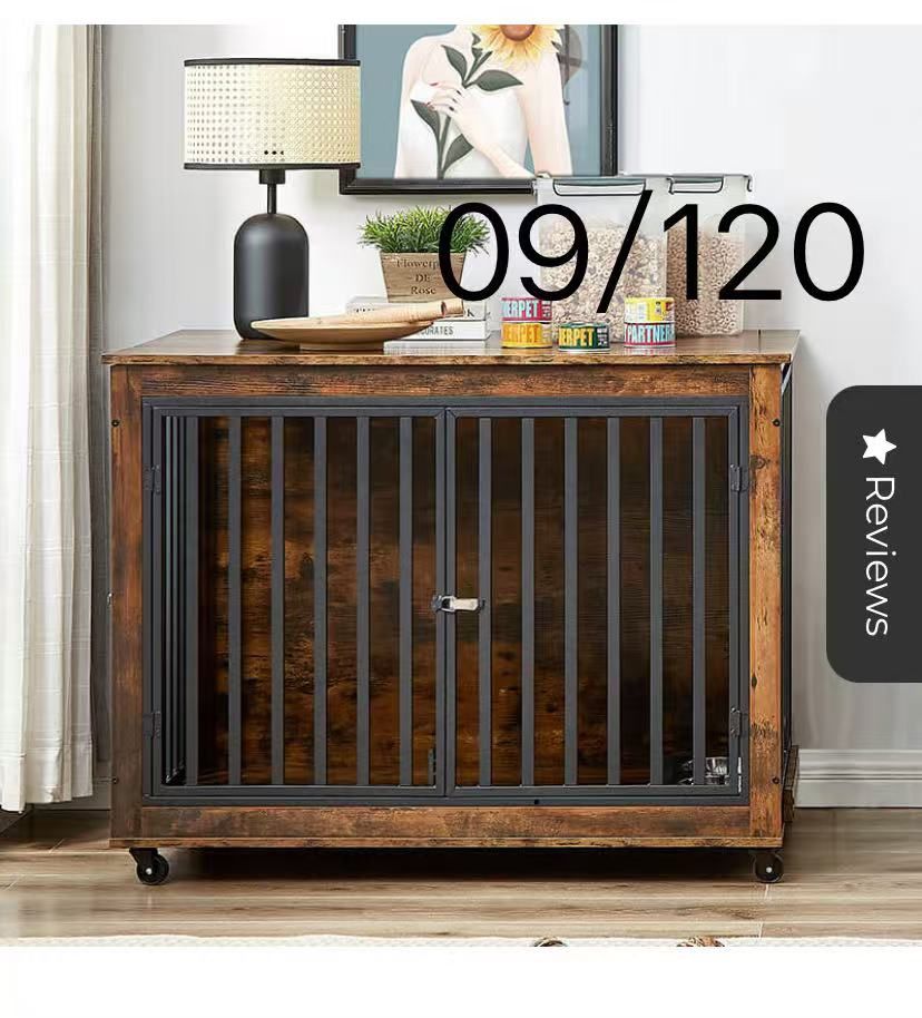 43" Wooden Furniture Style Dog Crate with Feeding Bowl, Three Doors, and Flip-Up Top Opening - Rustic Brown