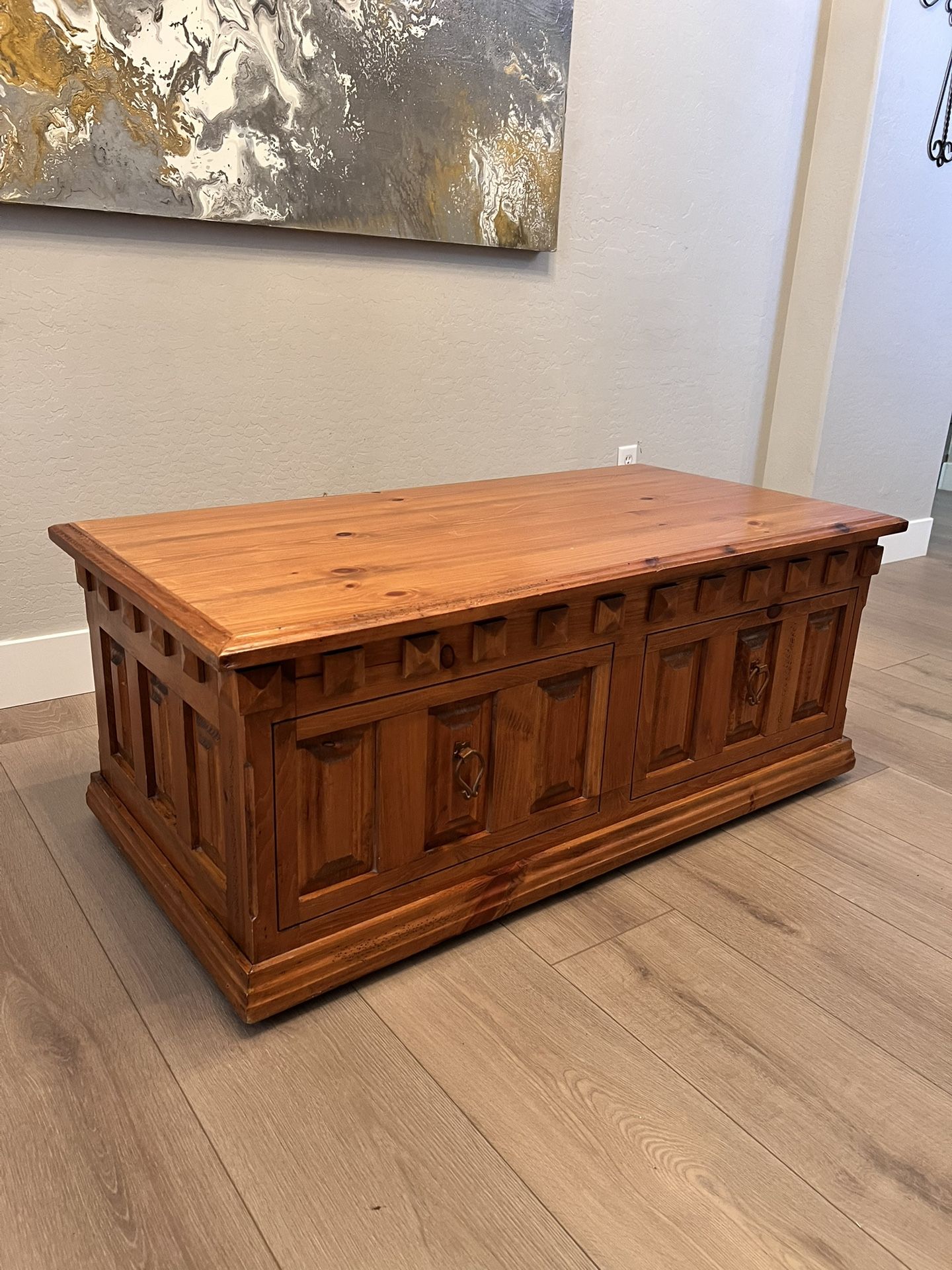 Antique Solid Wood Lift Top Trunk Chest Table On Wheels