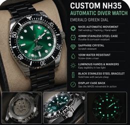 Custom NH35 Watch – Emerald Green Sunburst Dial