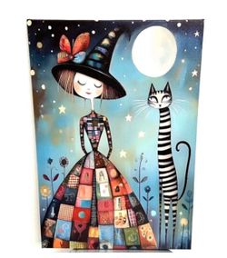 Whimsical Starry Night Girl & Cat Wall Art Canvas
