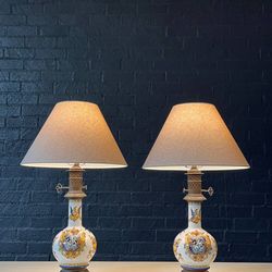 Pair of Italian Majolica Hand-Painted Table Lamps w/ Mythological Motifs, c.1950s - Delivery Available 