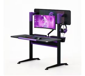 54-in W Black LED Ergonomic Gaming Desk wtih RGB Monitor Stand and Power Outlet and Storage Boxes
