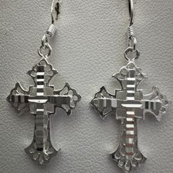 Sterling Silver Etched Filigree Cross Dangle Earrings
