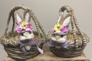 Two Ashland Sisal Spring Holiday Easter Bunny Rabbit w/ Banana Leaves & Straw Basket