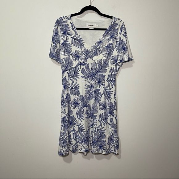 Desigual Women white blue tropical babydoll nadia floral jersey dress