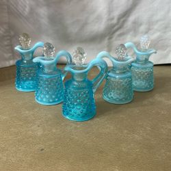 4 Fenton Hobnail Blue Opalescent Miniature Cruets