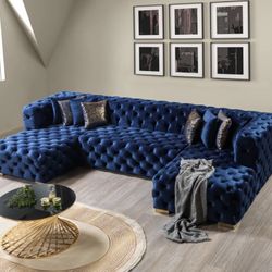 Tufted Blue Double Chaise Sectional 
