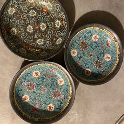 Vintage Japanese Porcelain Water Pewter Encased Bowls