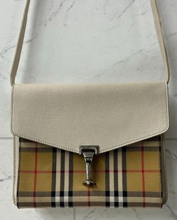 Burberry Macken Crossbody Bag Leather And Vintage Check Canvas Small (PO1014269) -Like New Condition