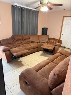 Brown Faux Suede Reclining Couch Set – $450 (OBO)